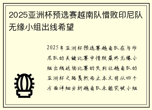 2025亚洲杯预选赛越南队惜败印尼队无缘小组出线希望 2025亚洲杯预选赛越南队惜败印尼队无缘小组出线希望